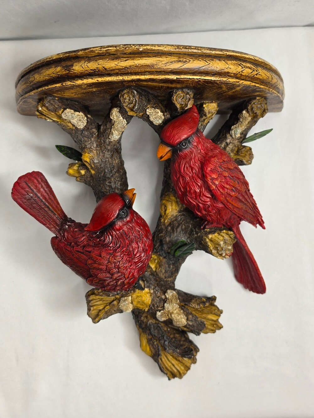 Vintage Rustic Red Cardinal Bird Wall Mount Shelf Ledge Faux Wood Resin Display